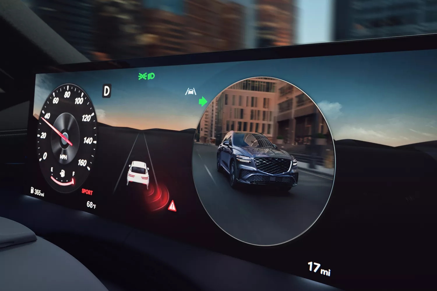 2026 Genesis GV70 driver display showing blind-spot view monitor and safety technology